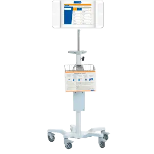 The LanguageLine Rolling cart, with a tablet in the stand displaying the LanguageLine App.